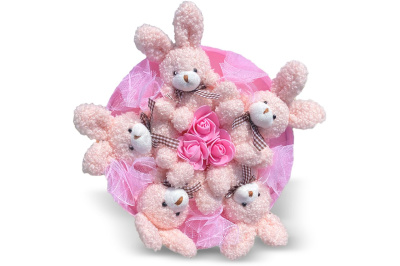 Букет из 5 кучерявых плюшевых зайчиков (Розовый)