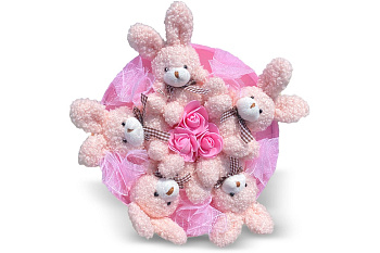 Букет из 5 кучерявых плюшевых зайчиков